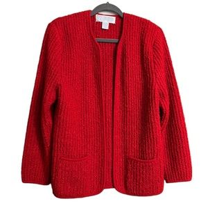Vintage 1980 Sideffects Red Open Front Fuzzy
Cardigan Sweater Pockets 80s size L